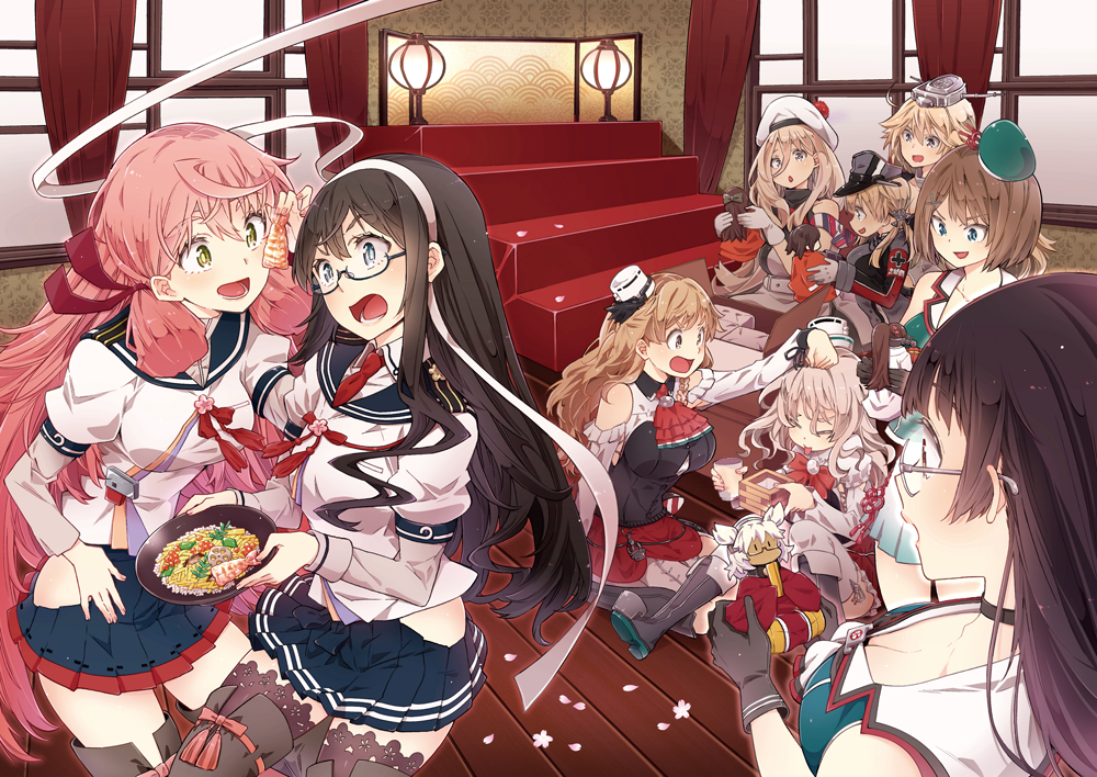 6+girls :d akashi_(kantai_collection) bare_shoulders beret black_gloves black_hair blonde_hair blue-framed_eyewear blue_eyes blue_sailor_collar blue_skirt breasts brown_eyes brown_hair character_doll choukai_(kantai_collection) cleavage cup detached_sleeves glasses gloves green_eyes hair_between_eyes hair_ornament hair_ribbon hat hina_ningyou hinamatsuri hip_vent holding holding_cup iowa_(kantai_collection) jintsuu_(kantai_collection) kantai_collection kojima_takeshi large_breasts long_hair long_sleeves low_twintails maya_(kantai_collection) medium_breasts military military_uniform multiple_girls musashi_(kantai_collection) ooyodo_(kantai_collection) open_mouth peaked_cap petals pink_hair pleated_skirt pola_(kantai_collection) pom_pom_(clothes) prinz_eugen_(kantai_collection) red_ribbon remodel_(kantai_collection) ribbon richelieu_(kantai_collection) sailor_collar sendai_(kantai_collection) short_hair skirt sleeveless smile tongue tongue_out tress_ribbon twintails uniform white_gloves white_hat x_hair_ornament yamato_(kantai_collection) zara_(kantai_collection)