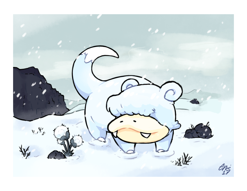 commentary creature excarabu fangs flower full_body gen_1_pokemon hair_over_eyes no_humans not_shiny_pokemon pokemon pokemon_(creature) pun rock slowpoke snow snowing solo winter