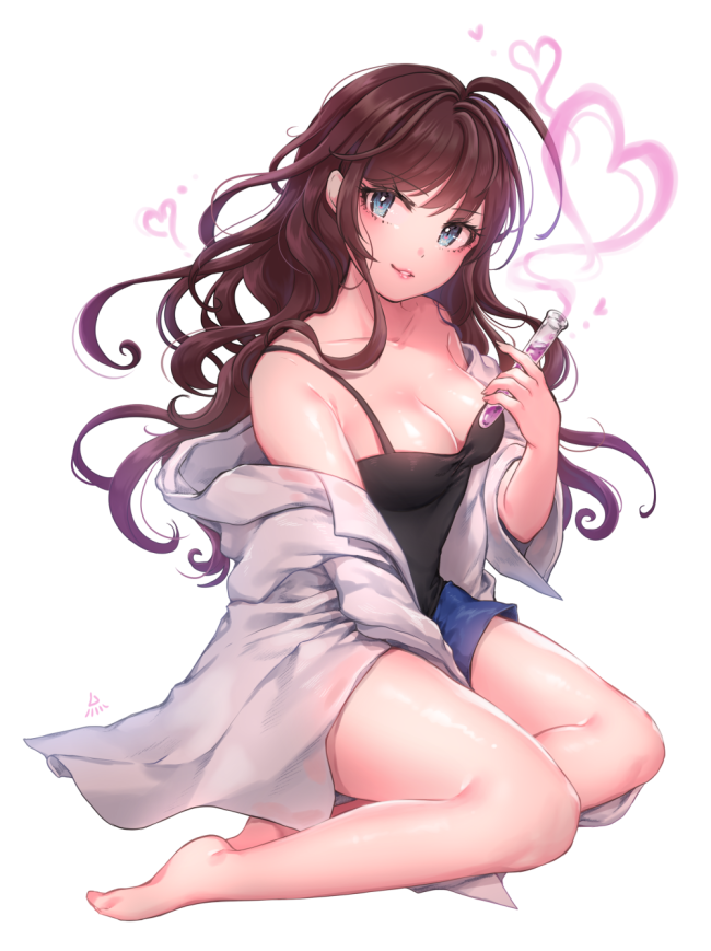 1girl ahoge bare_legs bare_shoulders barefoot between_legs blue_eyes blue_shorts breasts brown_hair camisole chemistry cleavage collarbone full_body gradient_hair hand_between_legs head_tilt heart holding ichinose_shiki idolmaster idolmaster_cinderella_girls idolmaster_cinderella_girls_starlight_stage labcoat lips looking_at_viewer medium_breasts multicolored_hair off_shoulder official_art ozzingo parted_lips purple_hair shiny shiny_skin shorts simple_background sitting solo test_tube v-shaped_eyebrows white_background yokozuwari