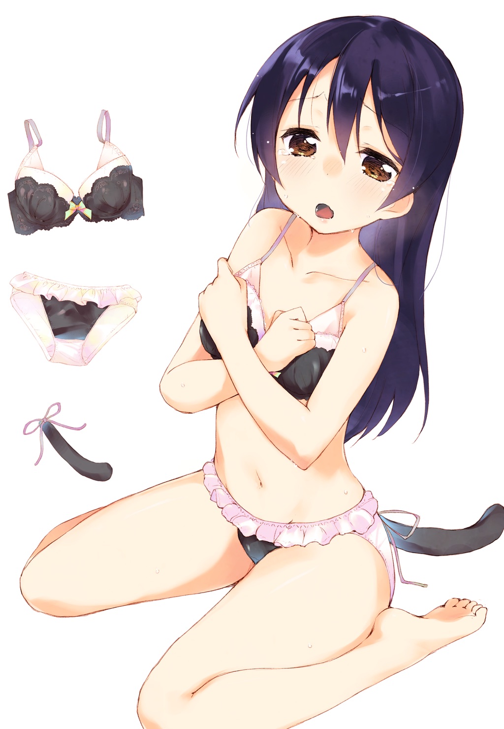 1girl artist_request bad_id bad_pixiv_id bangs barefoot black_bra black_hair black_panties blue_hair bow bow_bra bra brown_eyes cat_tail collarbone covering covering_breasts crying embarrassed eyebrows_visible_through_hair fake_tail frilled_panties frills frown full_body guest_(pixiv22414648) highres lace lace-trimmed_bra long_hair looking_at_viewer love_live! love_live!_school_idol_project navel open_mouth panties simple_background sitting solo sonoda_umi tail tears thighs underwear underwear_only wariza white_background white_panties