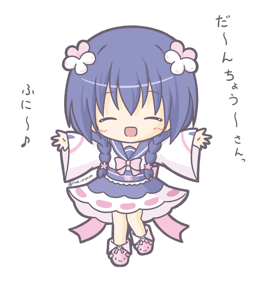 1girl :3 :d ^_^ bangs blue_hair blue_sailor_collar blue_skirt blush boots braid chibi closed_eyes commentary_request eyebrows_visible_through_hair facing_viewer flower flower_knight_girl full_body hair_between_eyes hair_flower hair_ornament japanese_clothes kimono long_hair long_sleeves low_twintails musical_note obi open_mouth outstretched_arms pink_footwear quaver rinechun sailor_collar sash simple_background skirt sleeves_past_wrists smile solo standing standing_on_one_leg translated twin_braids twintails very_long_hair viola_(flower_knight_girl) white_background white_flower white_kimono wide_sleeves