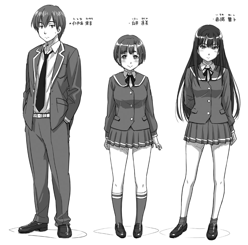 1boy 2girls arms_behind_back bangs belt belt_buckle blush breasts buckle closed_mouth cuffed hair_between_eyes hands_in_pockets height loafers long_hair looking_at_viewer medium_breasts monochrome multiple_girls naruko_hanaharu original pleated pleated_skirt shirt shoes short_hair skirt standing white_background