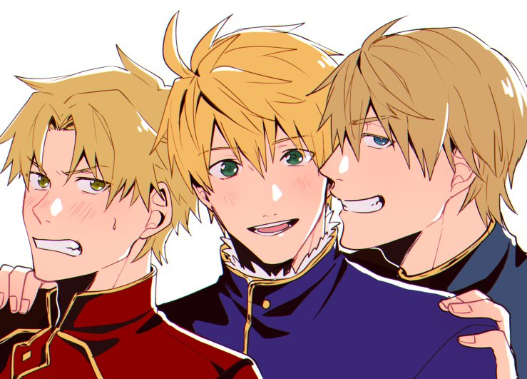 3boys blonde_hair brothers clenched_teeth family fate/prototype fate/prototype:_fragments_of_blue_and_silver fate_(series) father_and_son hand_on_another's_shoulder kay_(fate) looking_at_viewer mordred_(fate/prototype) multiple_boys saber_(fate/prototype) siblings simple_background teeth upper_body white_background yuuya_(aice)