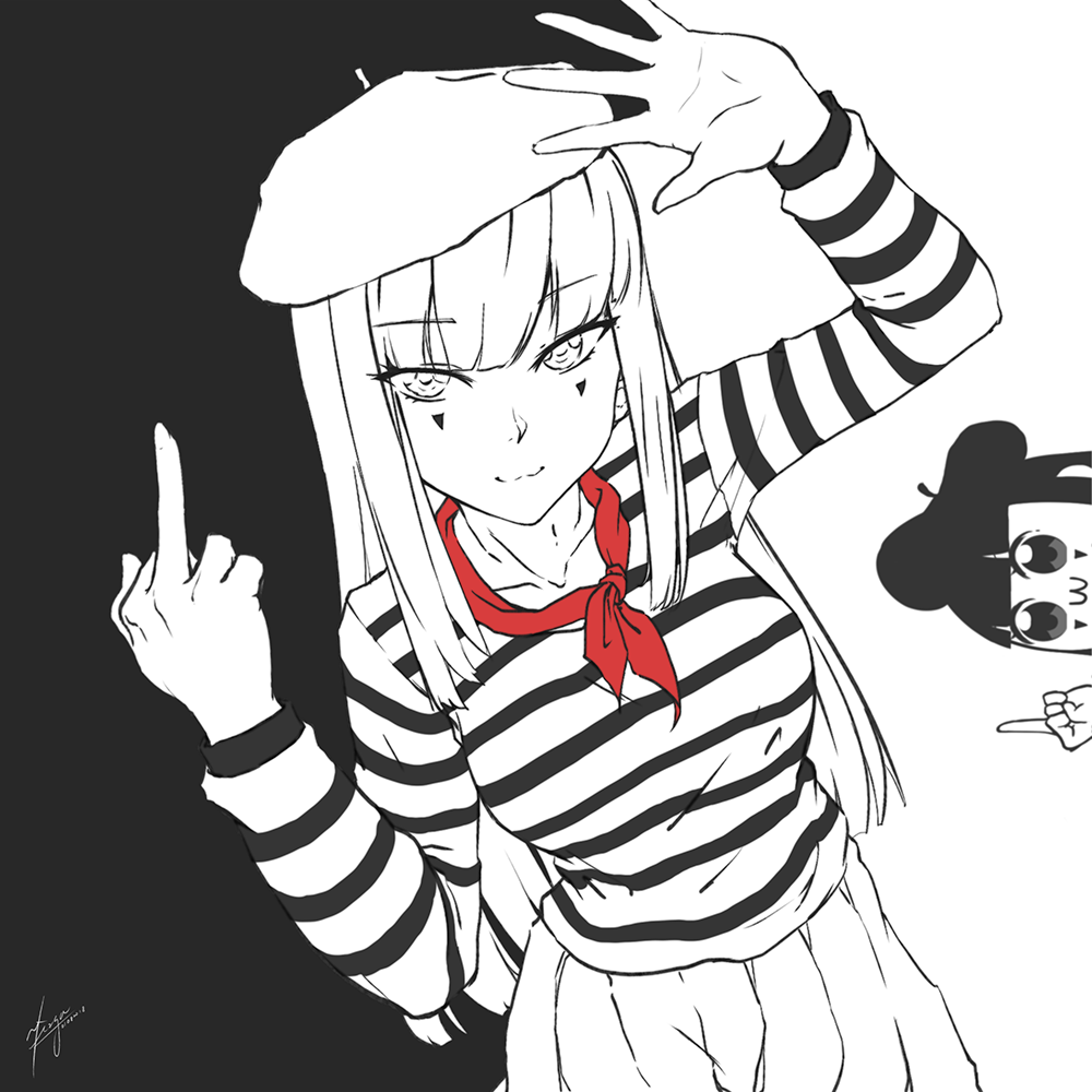 1girl :3 bangs beret bkub_(style) blunt_bangs commentary eyebrows_visible_through_hair facepaint hat japon_mignon middle_finger monochrome neckerchief pipimi pleated_skirt poptepipic shirt signature skirt solo spot_color striped striped_shirt tsurime yirga