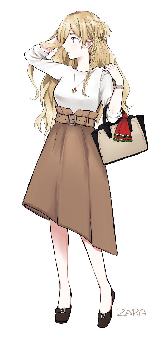 1girl alternate_costume bag belt belt_buckle black_eyes black_footwear blonde_hair braid brown_skirt buckle casual character_name full_body handbag highres italian_flag jewelry kantai_collection long_hair long_skirt looking_away looking_to_the_side morinaga_miki necklace no_legwear no_socks one_side_up pendant profile shirt shoes side_braid simple_background skirt sleeves_past_elbows solo standing wavy_hair white_background white_shirt zara_(kantai_collection)