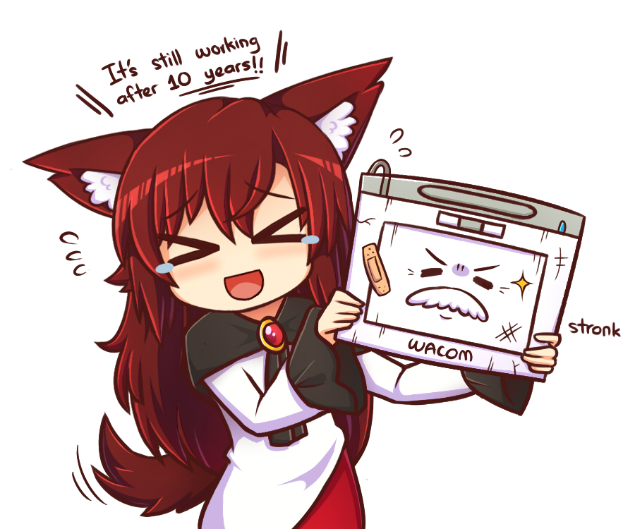 &gt;_&lt; 1girl :d animal_ears bandaid blush brown_hair commentary crack dress english facial_hair flying_sweatdrops imaizumi_kagerou long_hair long_sleeves mustache open_mouth smile sparkle tablet tail tears touhou wacom wolf_ears wolf_tail wool_(miwol) xd