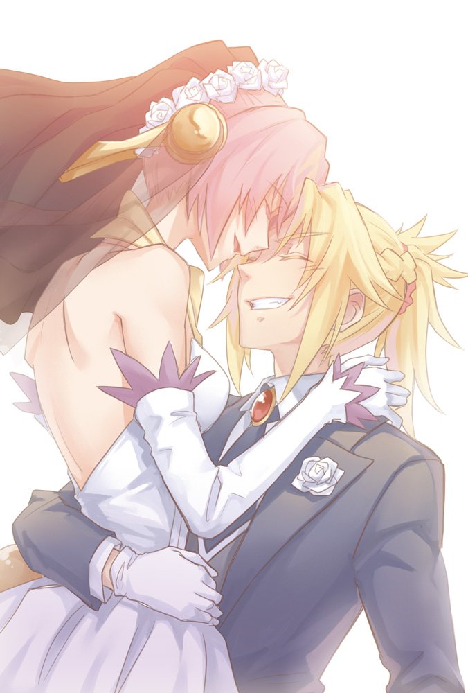 2girls bare_shoulders blonde_hair braid bridal_veil brooch closed_eyes detached_sleeves dress face-to-face facing_another fate/apocrypha fate_(series) flower frankenstein's_monster_(fate) grin jewelry long_sleeves mordred_(fate) mordred_(fate)_(all) multiple_girls no_horn open_mouth pink_hair ponytail short_hair smile strapless strapless_dress veil white_background white_dress white_flower wife_and_wife yohchi yuri