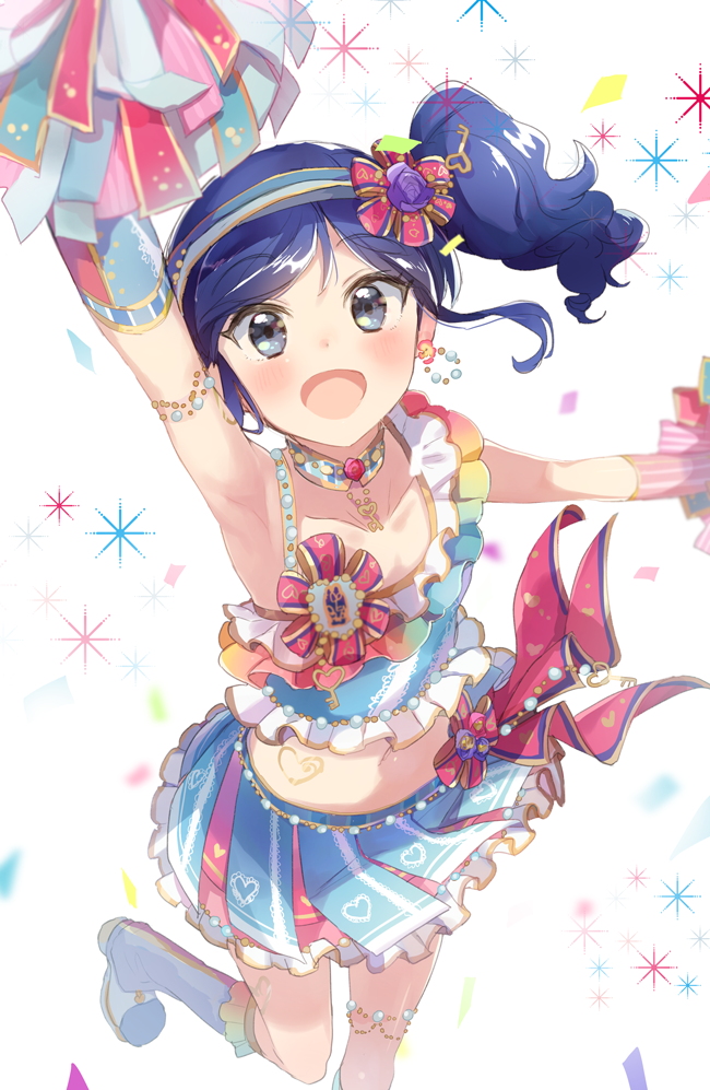 1girl :d aikatsu! aikatsu!_(series) arm_up armpits bangs blue_eyes blue_hair blush boots cheerleader choker crop_top earrings eyebrows_visible_through_hair frilled_skirt frills hairband heart holding jewelry key kiriya_aoi midriff navel necklace onbin_ha one_leg_raised open_mouth outstretched_arm pom_poms ponytail short_hair skirt sleeveless smile solo standing standing_on_one_leg