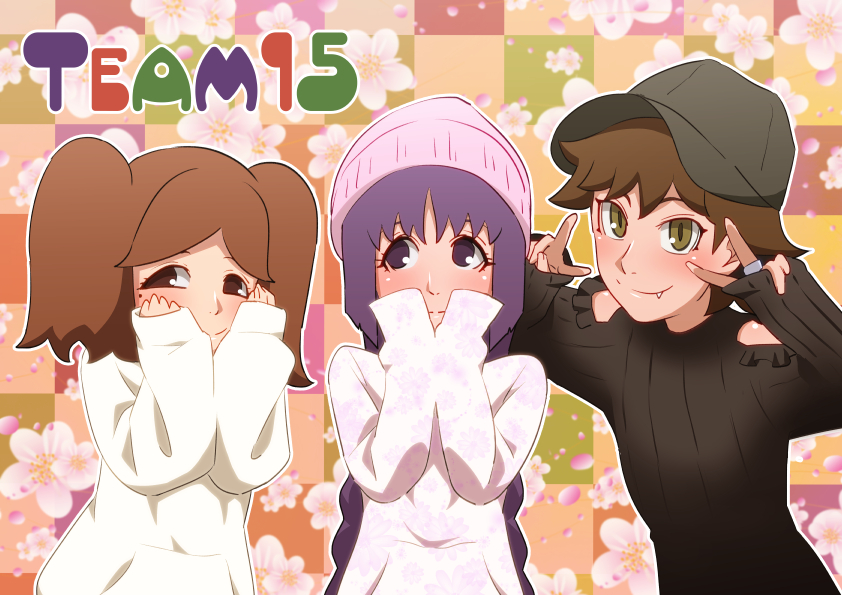 3girls baseball_cap blush boruto:_naruto_next_generations braid brown_hair double_v eeshin_(eishin5584) fang green_eyes hat izuno_wasabi kakei_sumire long_hair looking_at_viewer mole mole_under_eye multiple_girls naruto short_hair smile suzumeno_namida sweater twin_braids twintails v violet_eyes