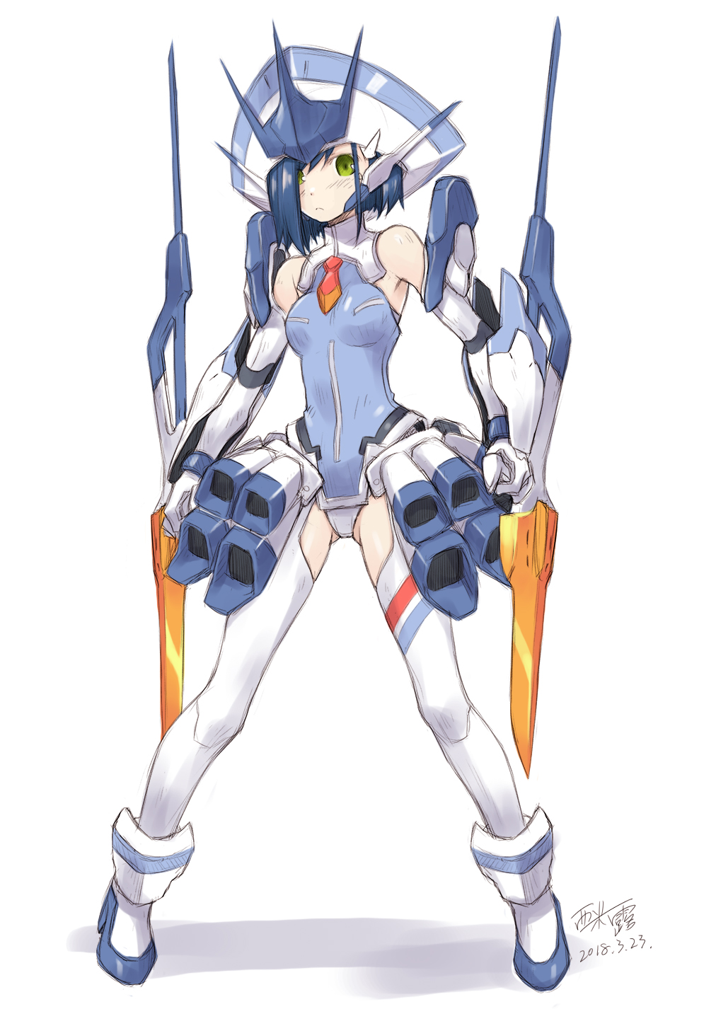 1girl bare_shoulders blue_hair boots commentary_request darling_in_the_franxx dated delphinium_(darling_in_the_franxx) frown green_eyes hair_ornament hair_over_eyes hairclip highres ichigo_(darling_in_the_franxx) leotard mecha_musume necktie short_hair signature simelu thigh-highs white_background
