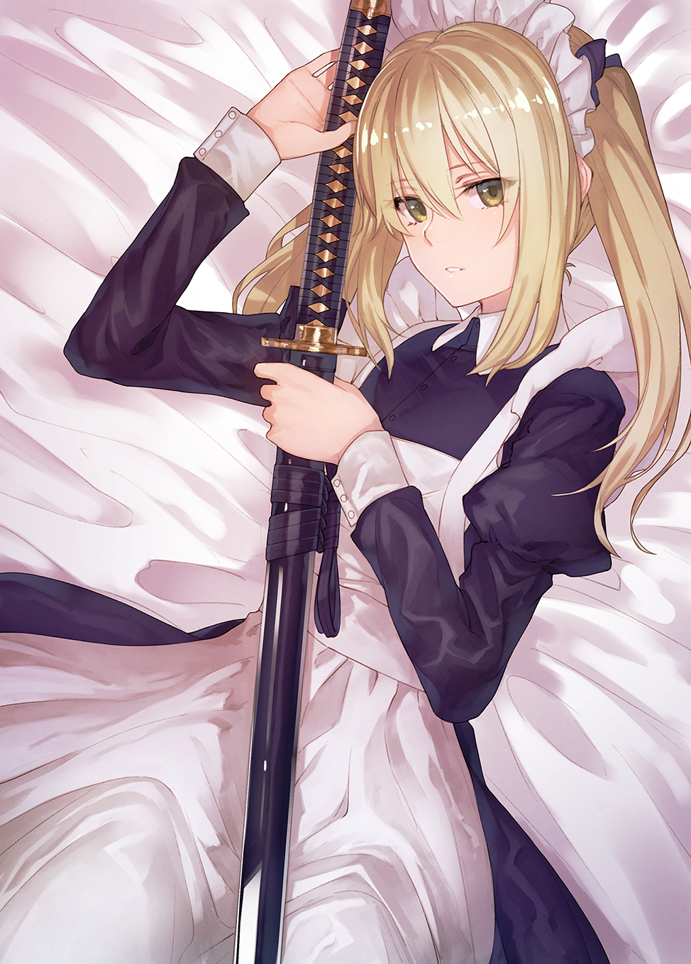 1girl bed_sheet blonde_hair borrowed_character commentary_request eyes_visible_through_hair hair_between_eyes highres ibuki_notsu juliet_sleeves katana long_hair long_sleeves looking_at_viewer lying maid maid_headdress original parted_lips puffy_sleeves sheath sheathed solo sword twintails weapon yellow_eyes