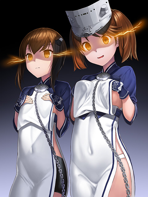 2girls ainu_clothes brown_eyes brown_hair chains commentary_request cosplay flat_chest glowing glowing_eyes gradient gradient_background hair_between_eyes kamoi_(kantai_collection) kamoi_(kantai_collection)_(cosplay) kantai_collection kyon_(fuuran) multiple_girls open_mouth ryuujou_(kantai_collection) shaded_face short_hair taihou_(kantai_collection) twintails visor_cap