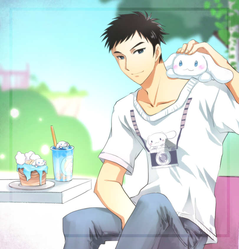 black_eyes black_hair blue_sky blurry blurry_background cinnamoroll denim dessert drink drinking_straw food jeans kagetsu_too looking_at_viewer male_focus minamoto_seiichirou pants sanrio_danshi shirt sitting sky smile stuffed_toy t-shirt white_shirt