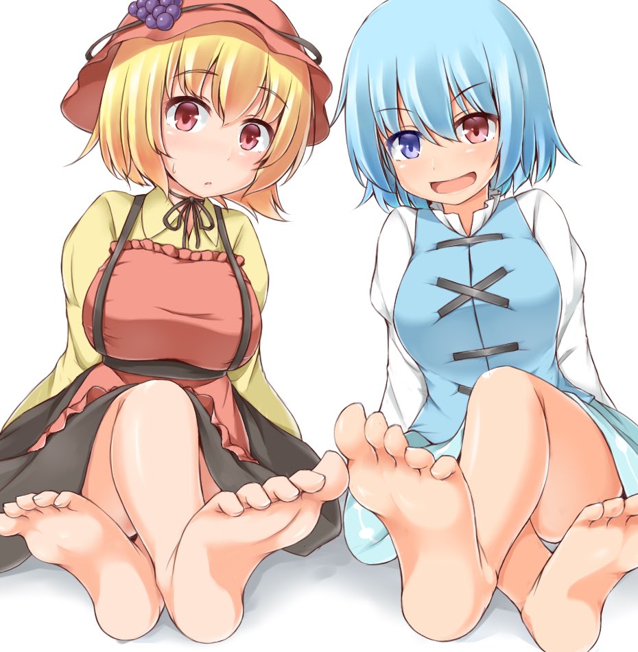 2girls :d :o aki_minoriko apron aqua_hair aqua_skirt aqua_vest barefoot black_choker black_skirt blonde_hair blouse blue_eyes breasts choker collared_blouse commentary_request crossed_ankles eyebrows_visible_through_hair feet food fruit garasuita grapes hair_between_eyes hat heterochromia juliet_sleeves large_breasts legs_crossed long_sleeves looking_at_viewer multiple_girls open_mouth puffy_sleeves red_apron red_eyes red_hat ribbon_choker shirt simple_background sitting skirt smile suspenders tatara_kogasa toe-point toes touhou vest white_background white_shirt