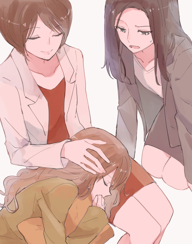 3girls collarbone hand_on_another's_head lap_pillow long_hair long_sleeves looking_at_another multiple_girls open_clothes open_mouth original pillow pillow_hug short_hair sitting skirt sleeping sleeping_on_person sou_(tuhut) sweatdrop white_background yuri
