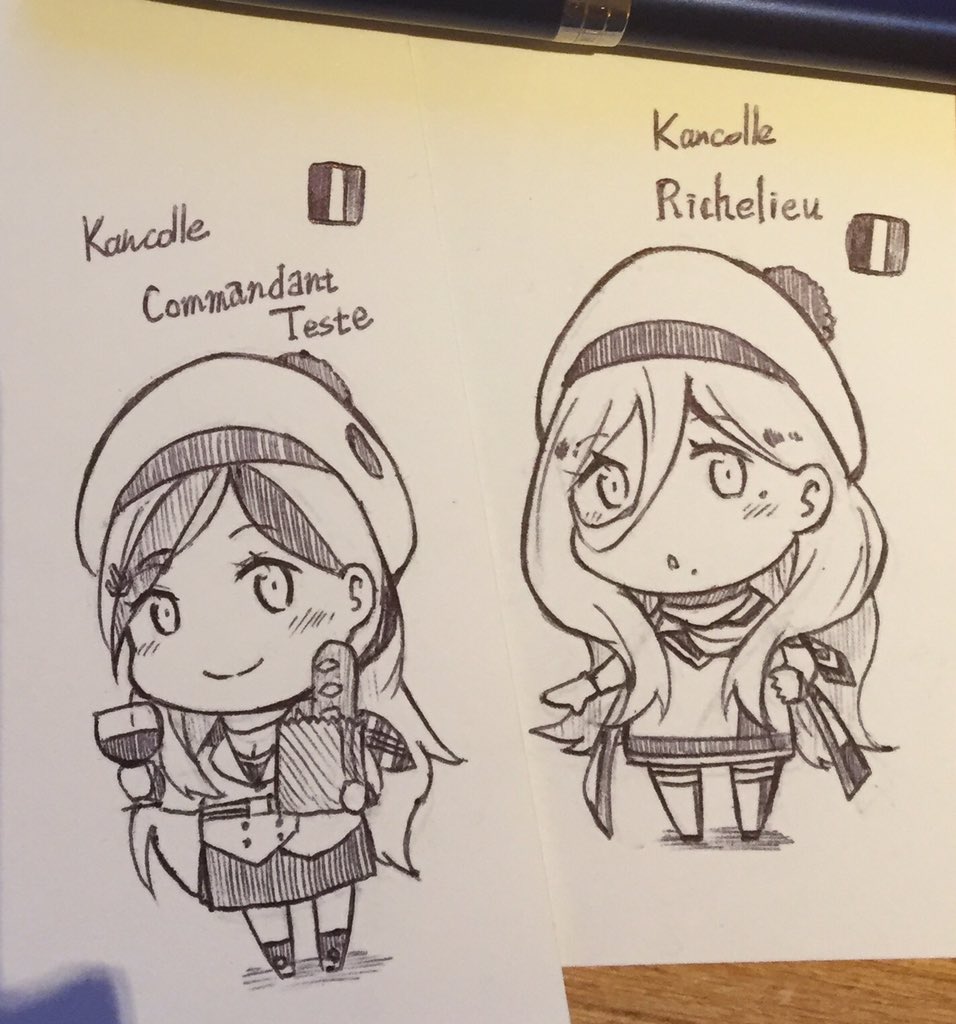bag baguette beret bread chibi commandant_teste_(kantai_collection) commentary_request cup drinking_glass food french_flag hair_between_eyes hat ido_(teketeke) jacket kantai_collection long_hair mole mole_under_mouth monochrome paper_bag photo ribbon richelieu_(kantai_collection) scarf sketch skirt smile thigh-highs traditional_media wine_glass