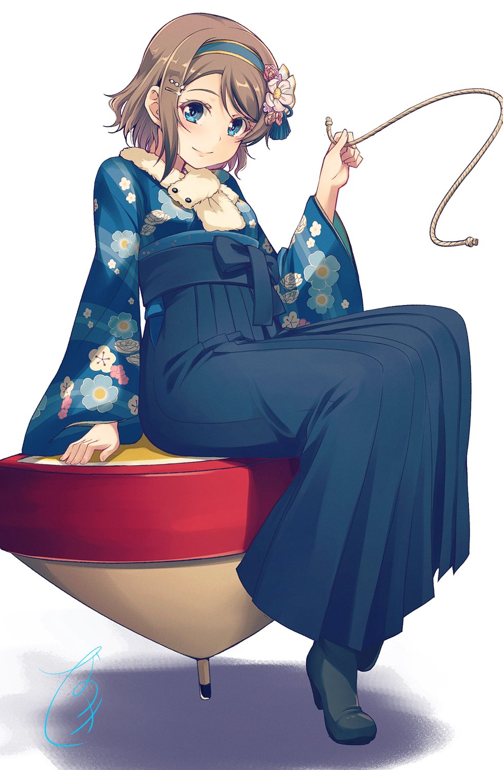 1girl blue_eyes blue_hakama blue_kimono boots floral_print flower grey_hair hair_flower hair_ornament hairband hakama highres holding_rope japanese_clothes kimono long_sleeves looking_at_viewer love_live! love_live!_sunshine!! nanotsuki rope short_hair signature sitting sitting_on_object smile solo spinning_top watanabe_you white_background wide_sleeves