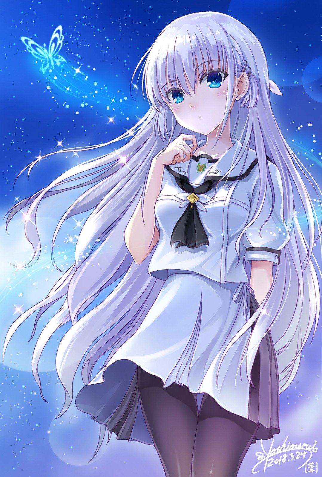 1girl arm_behind_back arm_up black_legwear blue_eyes butterfly expressionless hair_ornament hairclip hand_on_own_chest highres insect long_hair naruse_shiroha night night_sky pantyhose school_uniform serafuku shirt silver_hair skirt sky solo sparkle star_(sky) summer_pockets thigh_gap white_shirt white_skirt wind wind_lift