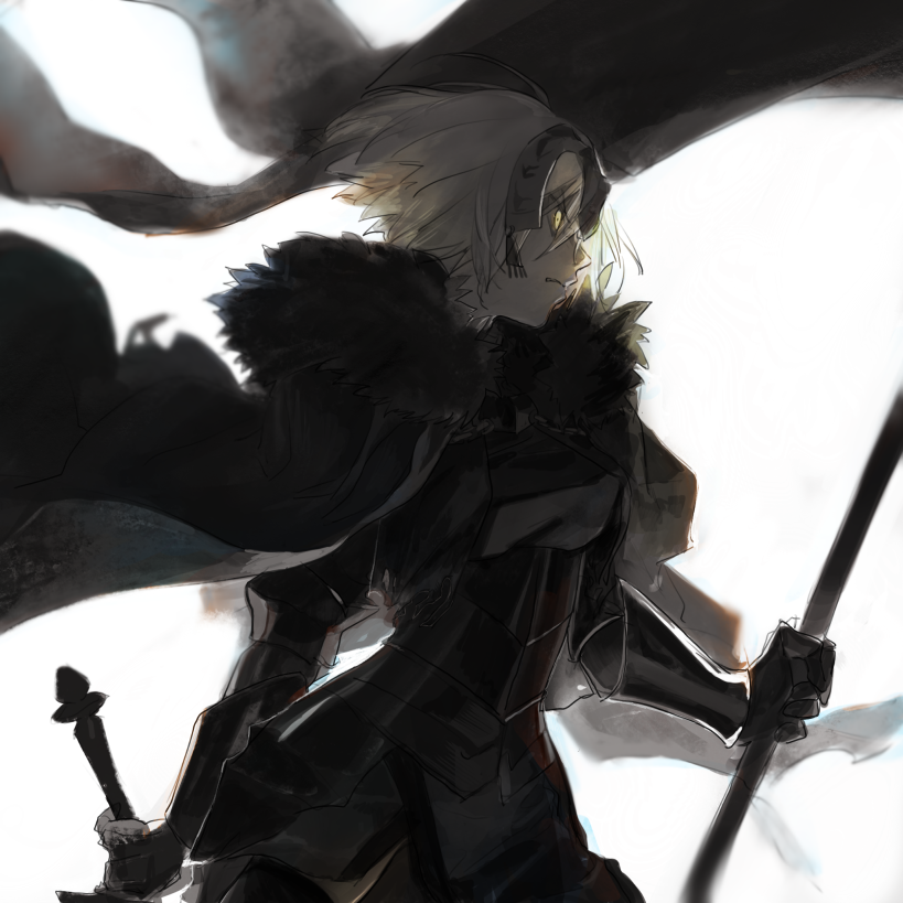 1girl armor armored_dress black_cape blurry blurry_background cape commentary_request fate/grand_order fate_(series) flag flagpole forehead_protector fur fur_collar gauntlets headpiece holding holding_flag holding_sword holding_weapon jeanne_d'arc_(alter)_(fate) jeanne_d'arc_(fate) jeanne_d'arc_(fate)_(all) looking_afar short_hair silver_hair simple_background solo sword toooka tsurime upper_body weapon white_background yellow_eyes