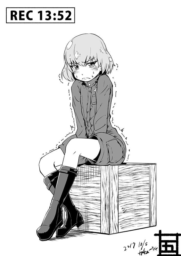 1girl artist_name bangs boots character_name closed_mouth crate dated eyebrows_visible_through_hair frown girls_und_panzer goshaku_tama greyscale have_to_pee katyusha knee_boots long_sleeves looking_at_viewer monochrome pravda_military_uniform recording short_hair short_jumpsuit signature sitting solo tearing_up tears trembling