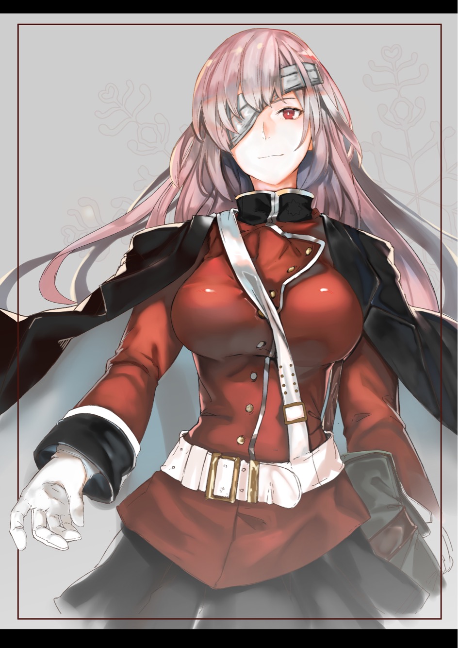 1girl alternate_hairstyle bandage_over_one_eye belt_buckle black_skirt breasts buckle cape closed_mouth commentary_request cowboy_shot fate/grand_order fate_(series) florence_nightingale_(fate/grand_order) frame gloves grey_background harutask highres impossible_clothes impossible_jacket jacket large_breasts light_smile long_hair long_sleeves looking_at_viewer military military_uniform pink_hair pouch red_eyes red_jacket skirt solo standing thick_eyebrows turtleneck uniform white_gloves