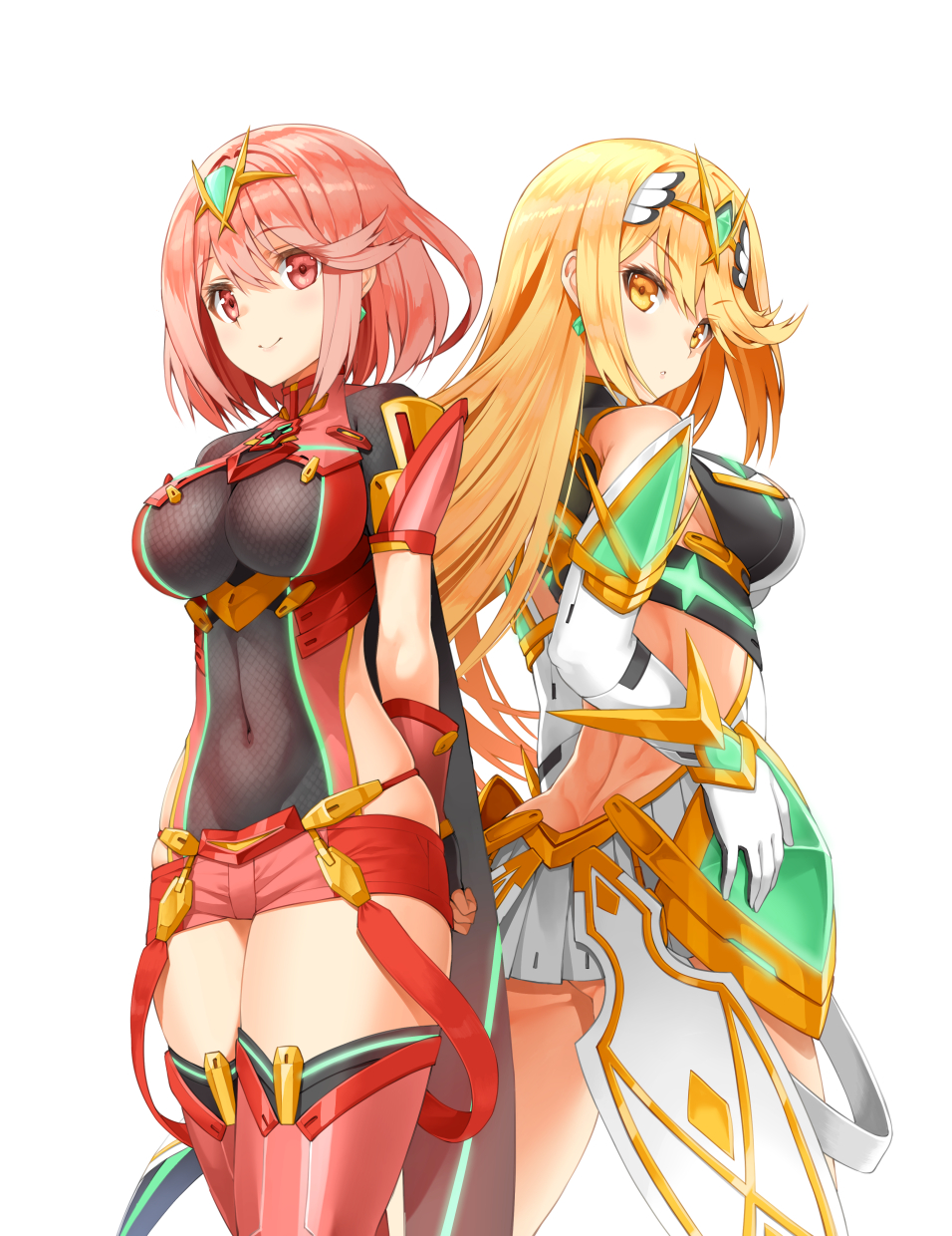 2girls armor blonde_hair breasts covered_navel dress earrings fingerless_gloves gloves green_eyes hair_ornament highres mythra_(xenoblade) pyra_(xenoblade) jewelry large_breasts long_hair looking_at_viewer multiple_girls murata_taichi red_eyes redhead short_hair shorts sidelocks simple_background smile tiara white_background xenoblade_(series) xenoblade_2 yellow_eyes