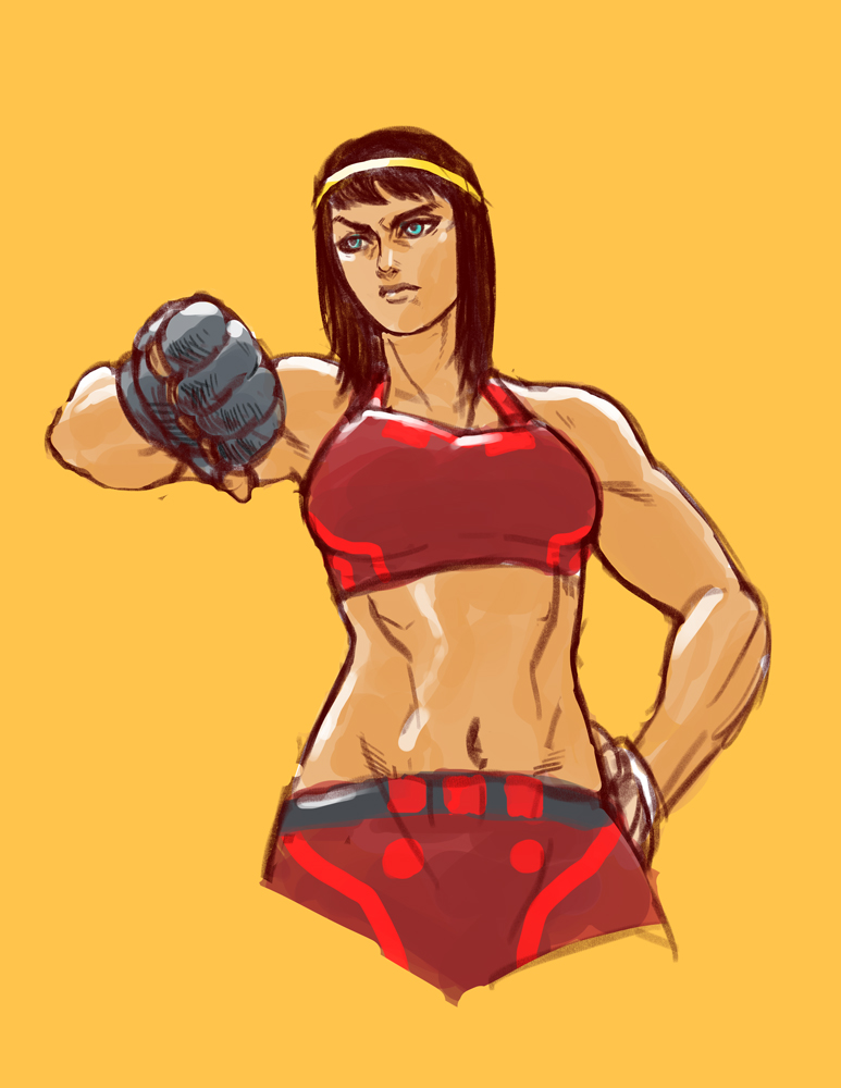 1girl arthur_asa big_barda blue_eyes brown_hair dc_comics midriff mixed_martial_arts mma_gloves muscle muscular_female shorts thumbs_down