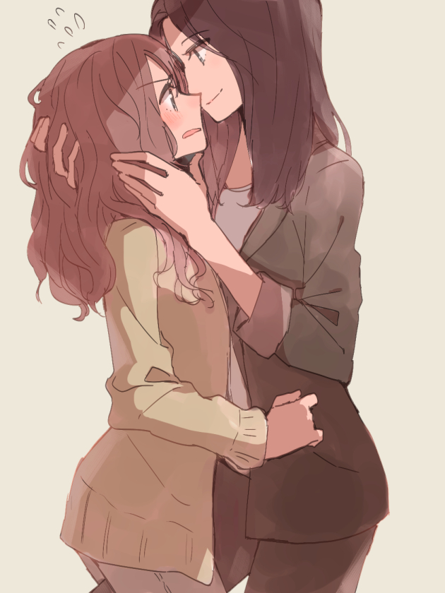 2girls blush face-to-face flying_sweatdrops from_side hand_in_hair hand_on_another's_head hug long_hair long_sleeves looking_at_another multiple_girls open_mouth original shadow smile sou_(tuhut) tan_background yuri