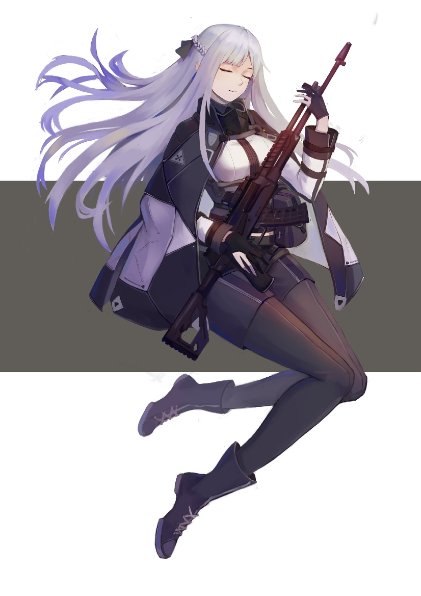 1girl ak-12_(girls_frontline) assault_rifle bangs black_gloves black_pants boots braid breasts closed_eyes french_braid full_body girls_frontline gloves gun holding holding_weapon jacket jacket_on_shoulders long_hair long_sleeves pants rifle silver_hair smile solo weapon zwc1271750321