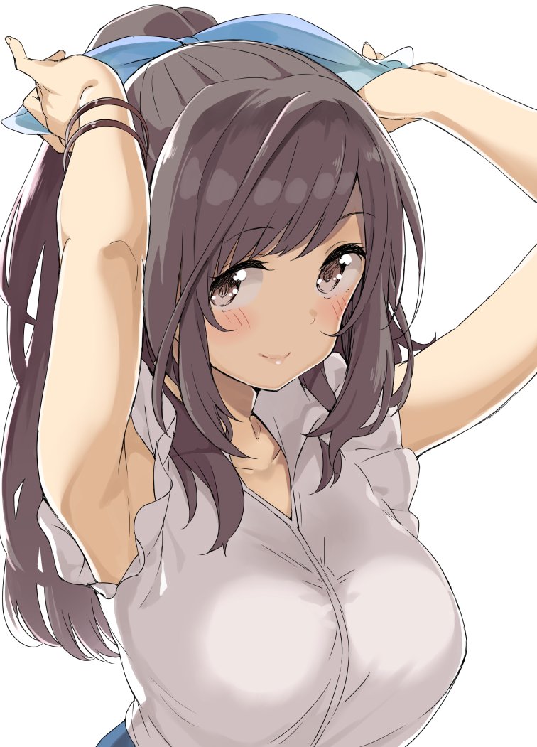 1girl adjusting_bow armpits arms_behind_head arms_up bangs black_hair blue_bow blush bow bracelet breasts brown_eyes commentary_request eyebrows_visible_through_hair hair_bow idolmaster idolmaster_shiny_colors jewelry large_breasts long_hair looking_at_viewer mamedenkyuu_(berun) ponytail shirt simple_background sleeveless sleeveless_shirt smile solo swept_bangs tsukioka_kogane very_long_hair white_background white_shirt