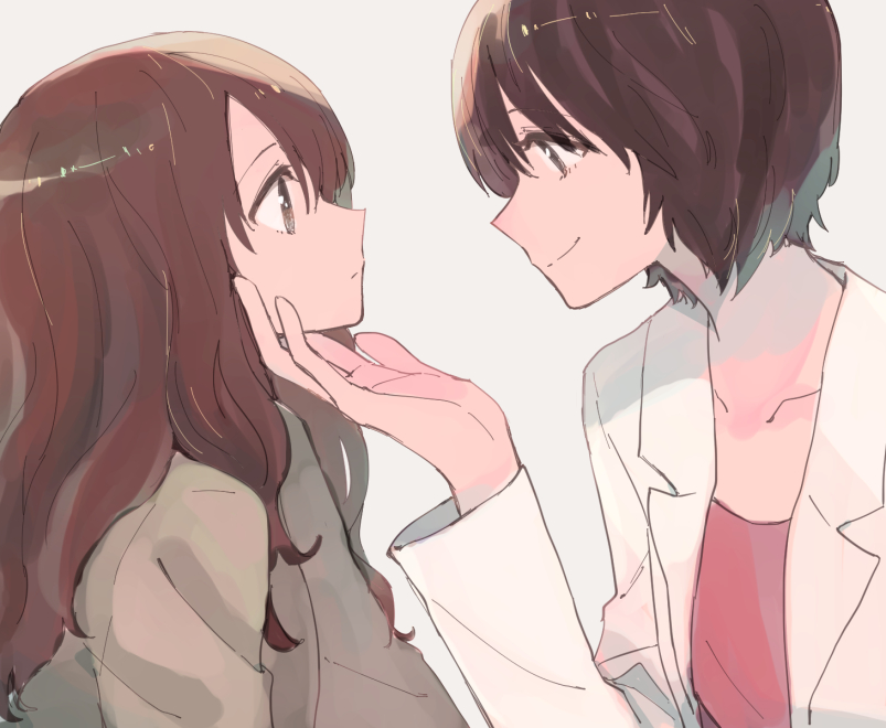 2girls brown_eyes brown_hair collarbone grey_background hand_on_another's_chin long_hair long_sleeves looking_at_viewer multiple_girls open_clothes original short_hair smile sou_(tuhut) upper_body yuri