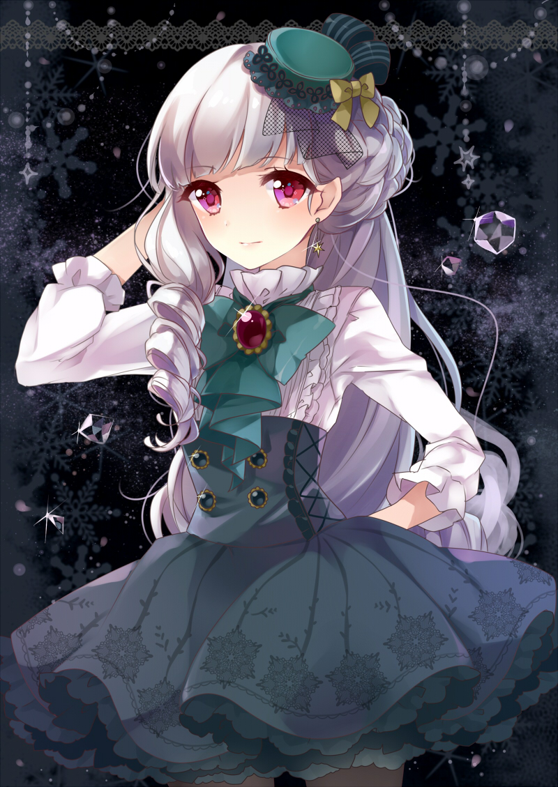 1girl aikatsu!_(series) aikatsu_stars! arm_behind_head asymmetrical_hair bangs bow bowtie commentary_request cowboy_shot dress drill_hair earrings eyebrows_visible_through_hair frilled_dress frills gem grey_hair hand_on_hip hat hat_bow jewelry light_smile long_hair long_sleeves looking_at_viewer mini_hat pink_eyes puracotte shirogane_lilly solo sparkle standing very_long_hair