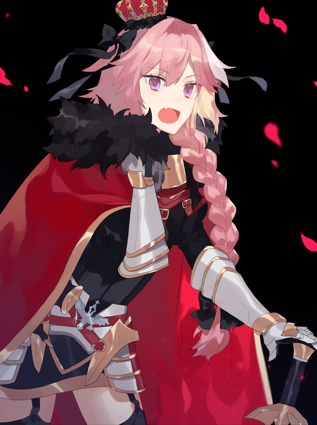 1boy :d astolfo_(fate) bangs black_background black_bow black_legwear black_shirt black_skirt bow braid buckle cherry_blossoms commentary_request cowboy_shot crown eyebrows_visible_through_hair fang fate/apocrypha fate_(series) faulds from_side fur-trimmed_cloak fur_collar garter_straps gauntlets gold_trim gorget hair_bow hair_intakes hair_over_shoulder hand_up highres holding holding_sword holding_weapon horn_(instrument) legs_apart long_hair long_sleeves looking_at_viewer looking_to_the_side male_focus mini_crown miniskirt multicolored_hair open_mouth parted_bangs pink_hair puffy_long_sleeves puffy_sleeves red_cloak shirt shuukenyuu simple_background single_braid skirt smile solo standing streaked_hair sword thigh-highs trap turtleneck two-tone_hair violet_eyes weapon white_hair