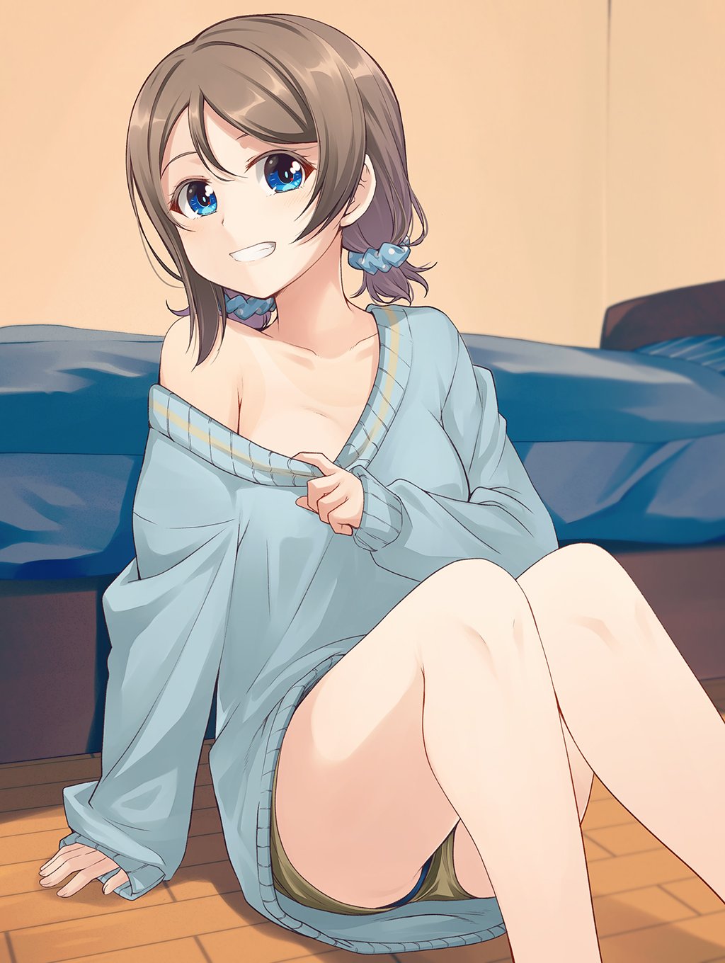 1girl alternate_hairstyle bed blue_eyes blue_scrunchie blue_shirt collar_tug commentary_request grey_hair grin highres long_sleeves looking_at_viewer love_live! love_live!_sunshine!! nanotsuki off-shoulder_shirt oversized_clothes oversized_shirt polka_dot polka_dot_scrunchie scrunchie shirt short_shorts short_twintails shorts sitting sitting_on_floor smile solo sweatshirt twintails watanabe_you
