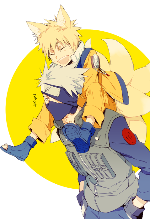 2boys animal_ears blonde_hair closed_eyes commentary_request face_mask flak_jacket forehead_protector gloves hands_in_pockets hatake_kakashi kyuubi leaning_forward long_sleeves mask multiple_boys multiple_tails naruto open_mouth open_toe_shoes orange_pants orange_shirt shirt silver_hair sitting sitting_on_person sitting_on_shoulder smile tail translation_request uzumaki_naruto whiskers xia_(ryugo)