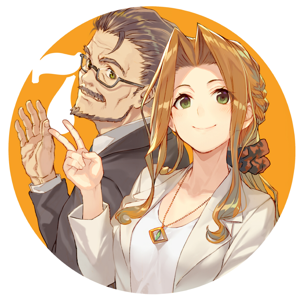 1boy 1girl bangs beard black-framed_eyewear black_jacket braid brown_hair brown_scrunchie closed_mouth collarbone facial_hair father_and_daughter fingernails glasses green_eyes grey_jacket hair_ornament hair_scrunchie hand_up jacket jewelry kiyotaki_keika kiyotaki_kousuke light_brown_hair long_hair long_sleeves looking_at_viewer low_ponytail mustache open_clothes open_jacket parted_bangs pendant ponytail ryuuou_no_oshigoto! scrunchie shirabi shirt sidelocks smile v white_shirt