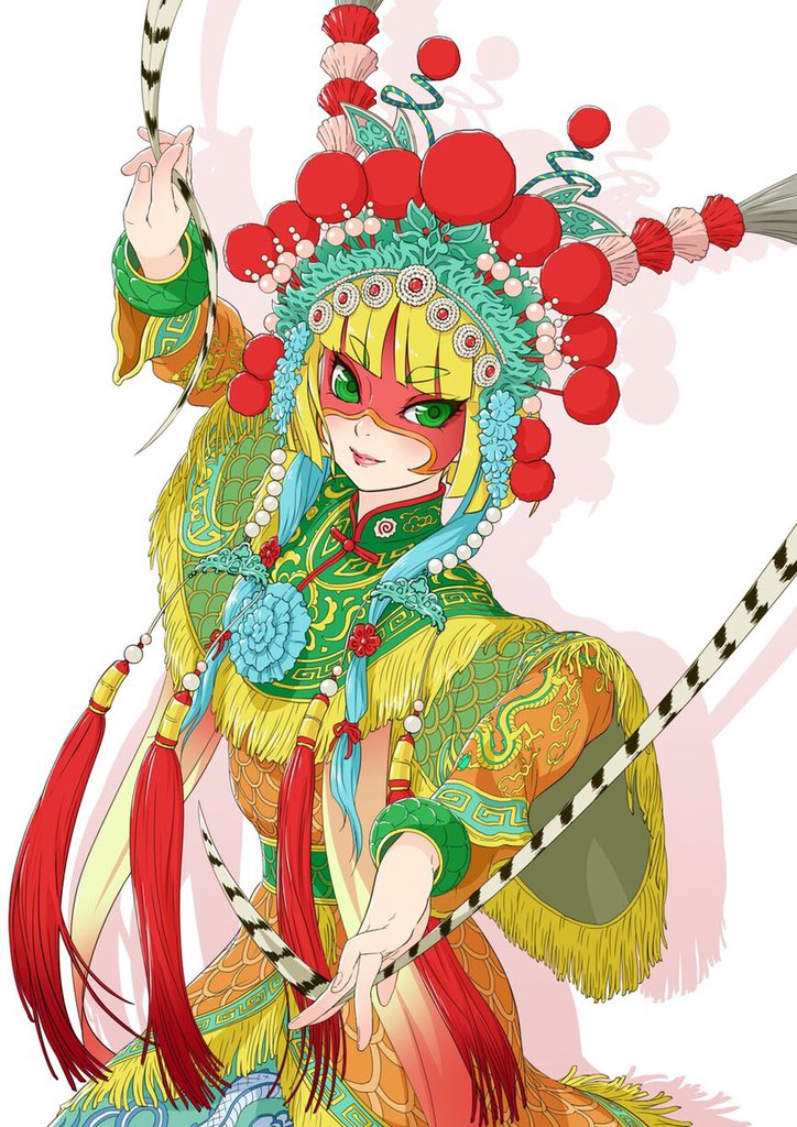 1girl arms_(game) artist_request blonde_hair chinese_clothes domino_mask food green_eyes looking_at_viewer mask min_min_(arms) noodles short_hair simple_background smile solo