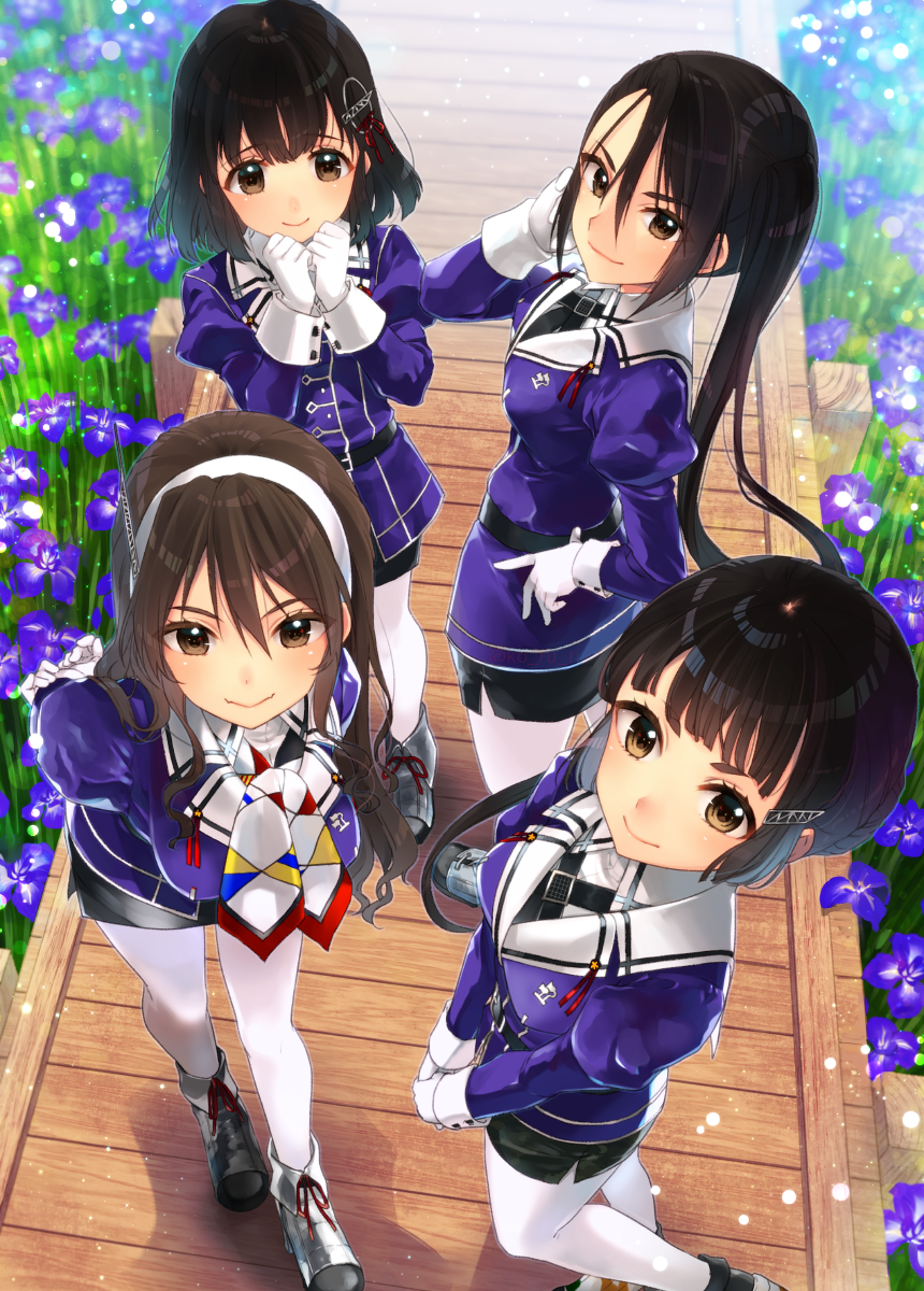 4girls ankle_boots arm_up arms_behind_back ashigara_(kantai_collection) bangs belt belt_buckle black_hair black_skirt blunt_bangs blush boots breasts brown_eyes brown_hair buckle closed_mouth day eyebrows_visible_through_hair fang_out flower from_above gloves grass grey_footwear haguro_(kantai_collection) hair_between_eyes hair_ornament hairband hairclip hand_in_hair hand_on_hip hands_up highres juliet_sleeves kantai_collection koruri large_breasts leaning_forward lens_flare long_hair long_sleeves looking_at_viewer looking_to_the_side looking_up medium_breasts military military_uniform multicolored multicolored_neckwear multiple_girls myoukou_(kantai_collection) nachi_(kantai_collection) outdoors own_hands_together pantyhose path pencil_skirt puffy_sleeves purple_flower road sailor_collar shadow short_hair side_ponytail side_slit skirt smile standing standing_on_one_leg tareme tsurime uniform v_arms very_long_hair wavy_mouth white_gloves white_hairband white_legwear white_sailor_collar wood