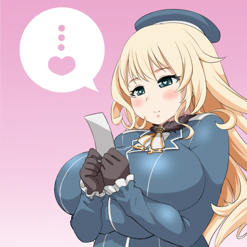 ... 1girl atago_(kantai_collection) beret black_gloves blonde_hair blue_eyes blush breasts gloves gradient gradient_background hat heart huge_breasts kantai_collection long_hair pink_background roah solo speech_bubble spoken_ellipsis spoken_heart