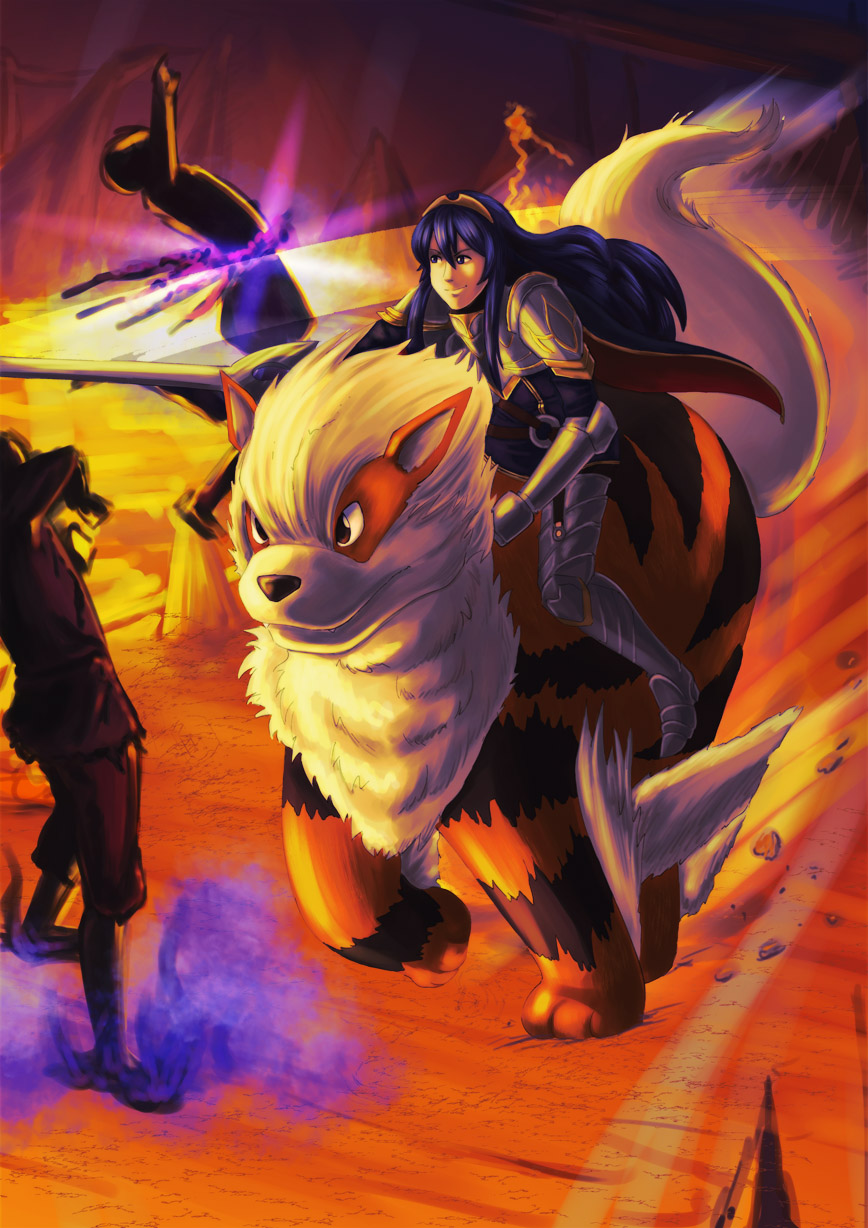 1girl arcanine armor blue_hair cape falchion_(fire_emblem) fire_emblem fire_emblem:_kakusei gen_1_pokemon highres holding long_hair lucina pokemon pokemon_(creature) pokemon_(game) super_smash_bros. sword tiara weapon