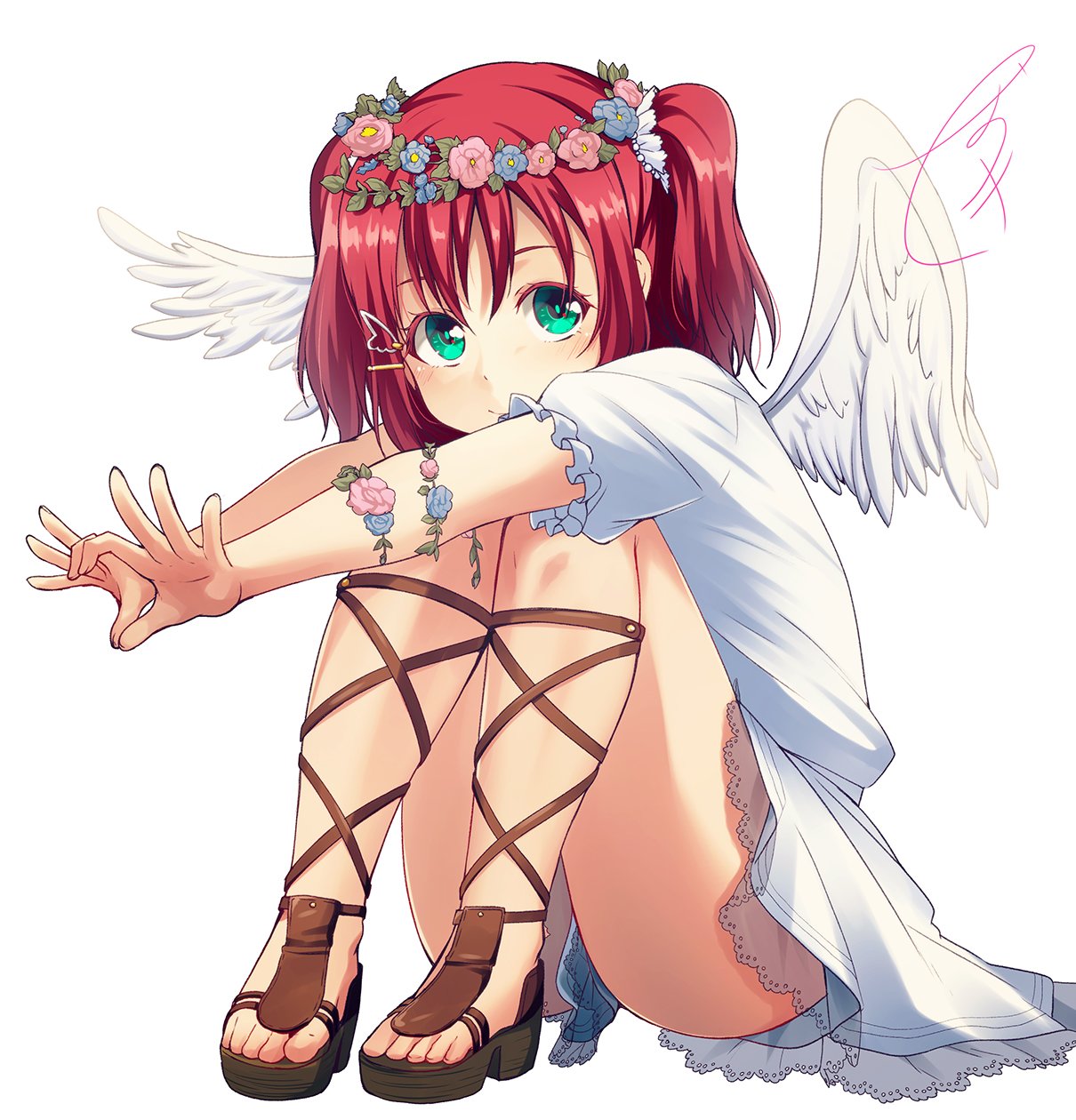 1girl angel_wings aqua_eyes bangs cross-laced_footwear feathered_wings frilled_sleeves frills hair_ornament hairpin head_wreath highres knees_up kurosawa_ruby love_live! love_live!_sunshine!! nanotsuki one_side_up redhead sandals signature simple_background sitting skirt smile solo white_background white_wings wing_hair_ornament wings