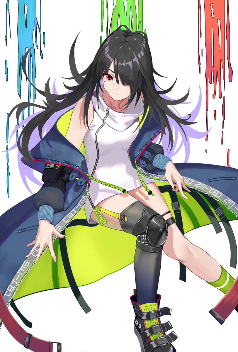 arm_strap bangs belt_boots black_hair black_legwear boots c-ms_(girls_frontline) closed_mouth clothes_writing coat collarbone dress expressionless floating floating_hair girls_frontline green_legwear hair_over_one_eye head_tilt highres long_hair looking_at_viewer microdress mole mole_under_eye multicolored_coat multiple_belts off_shoulder open_clothes open_coat pocket red_eyes sidelocks simple_background single_knee_pad single_sock single_thighhigh socks strap thigh-highs thigh_strap tsuaaa white_dress zipper