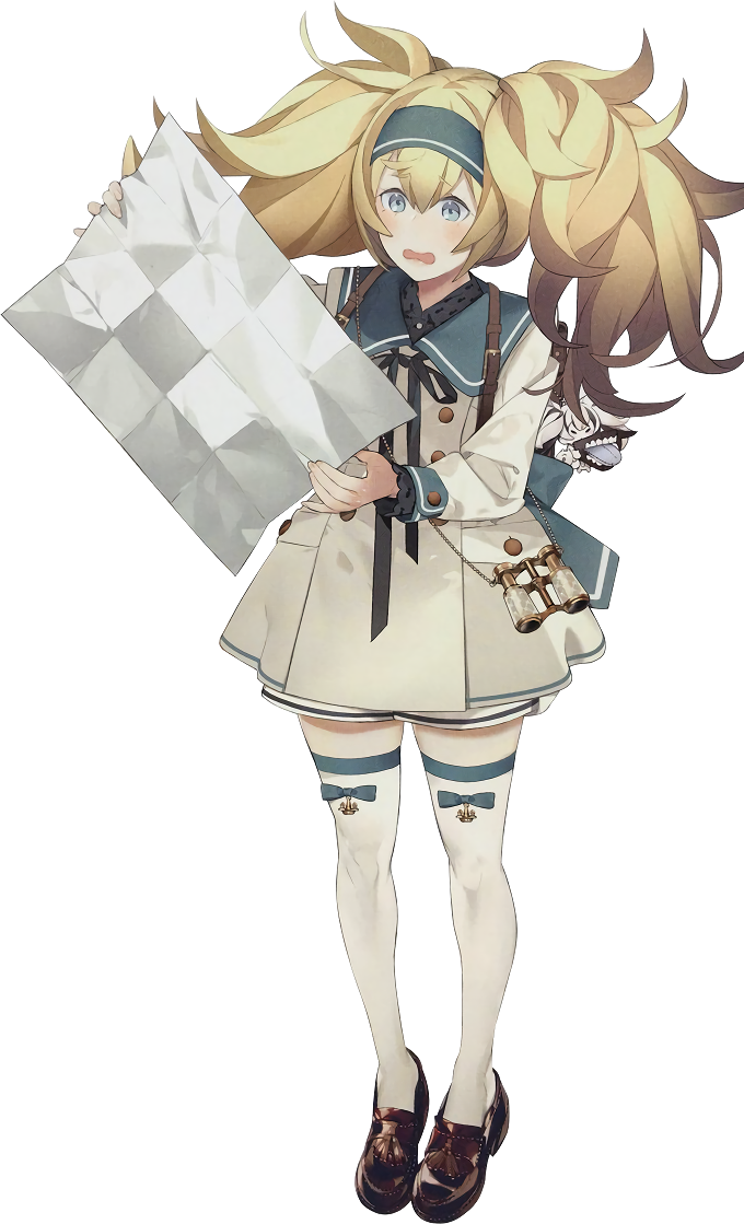 1girl alternate_costume backpack bag binoculars blonde_hair blue_eyes brown_footwear coat collared_shirt double-breasted dress full_body gambier_bay_(kantai_collection) hair_between_eyes hairband kantai_collection long_hair long_sleeves map open_mouth ribbon ribbon-trimmed_clothes ribbon-trimmed_legwear ribbon_trim sasebobari shirt simple_background solo twintails white_legwear