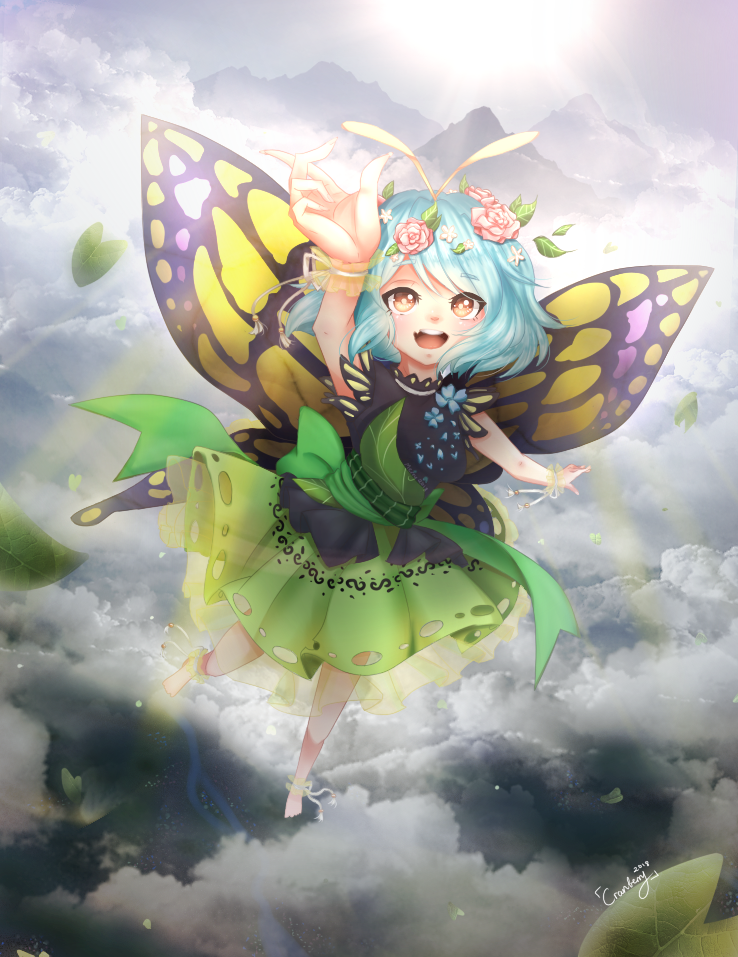 1girl 2018 antennae artist_name barefoot blush bow butterfly_wings clouds dress eternity_larva flower flying hair_flower hair_ornament leaf leaf_on_head light merry_(cranberry) mountain open_mouth outstretched_arm pink_bow ribbon river sleeveless sleeveless_dress solo sun touhou white_ribbon wings