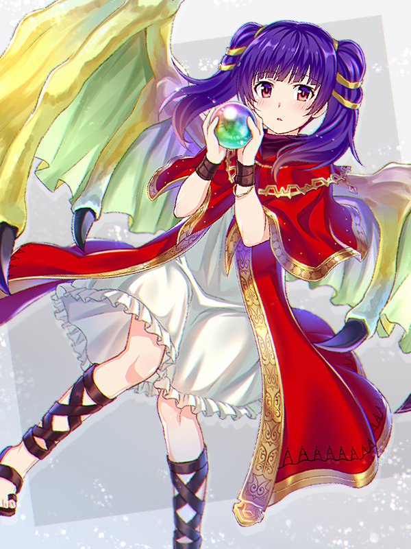 1girl blush cape dragon_girl dragon_wings dress fire_emblem fire_emblem:_seima_no_kouseki fire_emblem_heroes gloves long_hair looking_at_viewer mamkute myrrh purple_hair red_eyes short_hair simple_background solo twintails wings yuki_(sumaburalove)