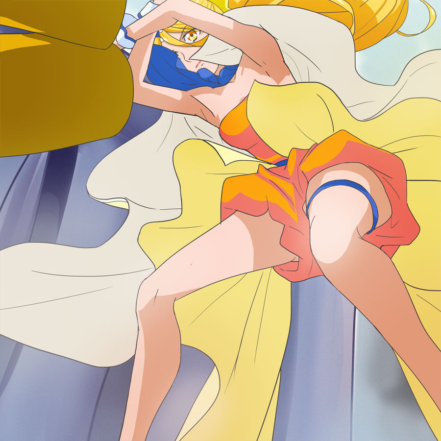 1girl armpits blonde_hair blue_scarf closed_mouth cure_etoile haruyama_kazunori hugtto!_precure kagayaki_homare leg_garter legs long_hair magical_girl precure scarf solo standing yellow_eyes