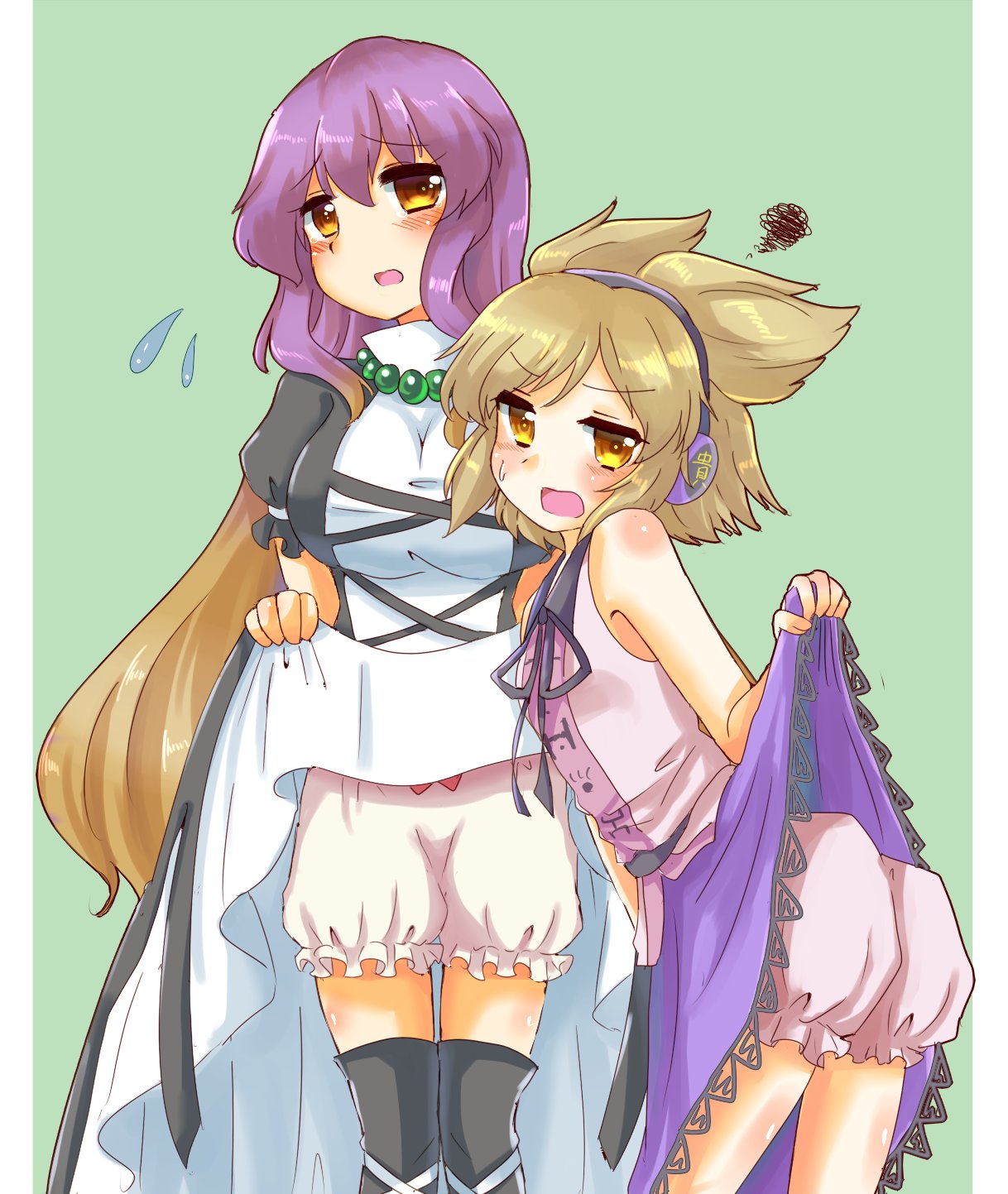 2girls bare_arms black_dress black_neckwear blonde_hair bloomers blush body_blush bow_bloomers breasts collared_shirt commentary_request d: dress earmuffs embarrassed eyebrows_visible_through_hair feet_out_of_frame flying_sweatdrops gradient_hair green_background highres hijiri_byakuren jitome knees_together large_breasts leaning_forward lifted_by_self long_hair looking_at_viewer multicolored multicolored_clothes multicolored_dress multicolored_hair multiple_girls neck_ribbon open_mouth pink_bloomers pointy_hair purple_hair purple_shirt purple_skirt ribbon shirt simple_background skirt skirt_lift sleeveless sleeveless_shirt small_breasts squiggle standing sweat tanikake_yoku tareme touhou toyosatomimi_no_miko underwear yellow_eyes