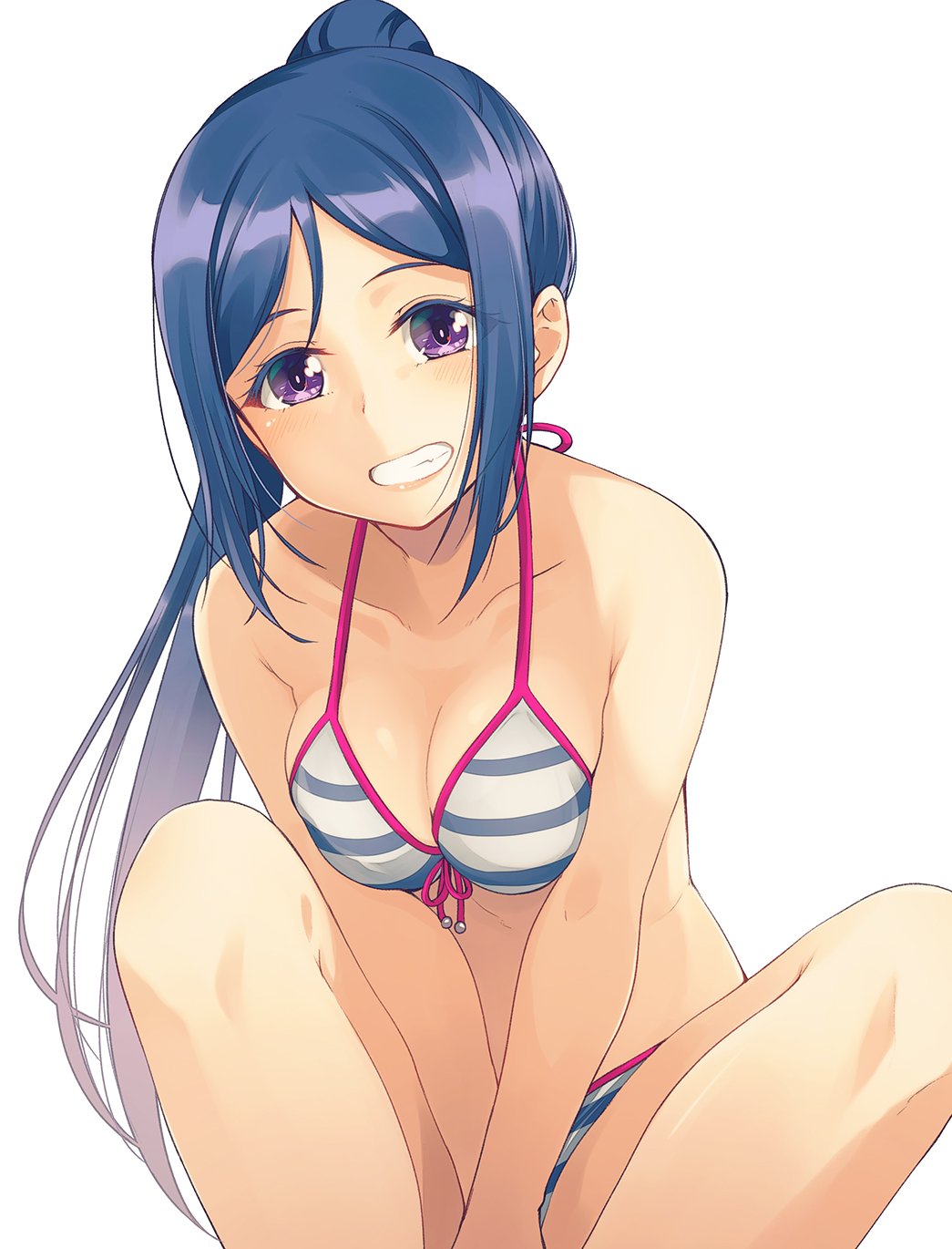 1girl between_legs bikini blue_hair breasts cleavage front-tie_bikini front-tie_top grin halterneck hand_between_legs highres long_hair long_ponytail looking_at_viewer love_live! love_live!_sunshine!! matsuura_kanan medium_breasts nanotsuki sidelocks simple_background smile solo striped striped_bikini swimsuit violet_eyes white_background