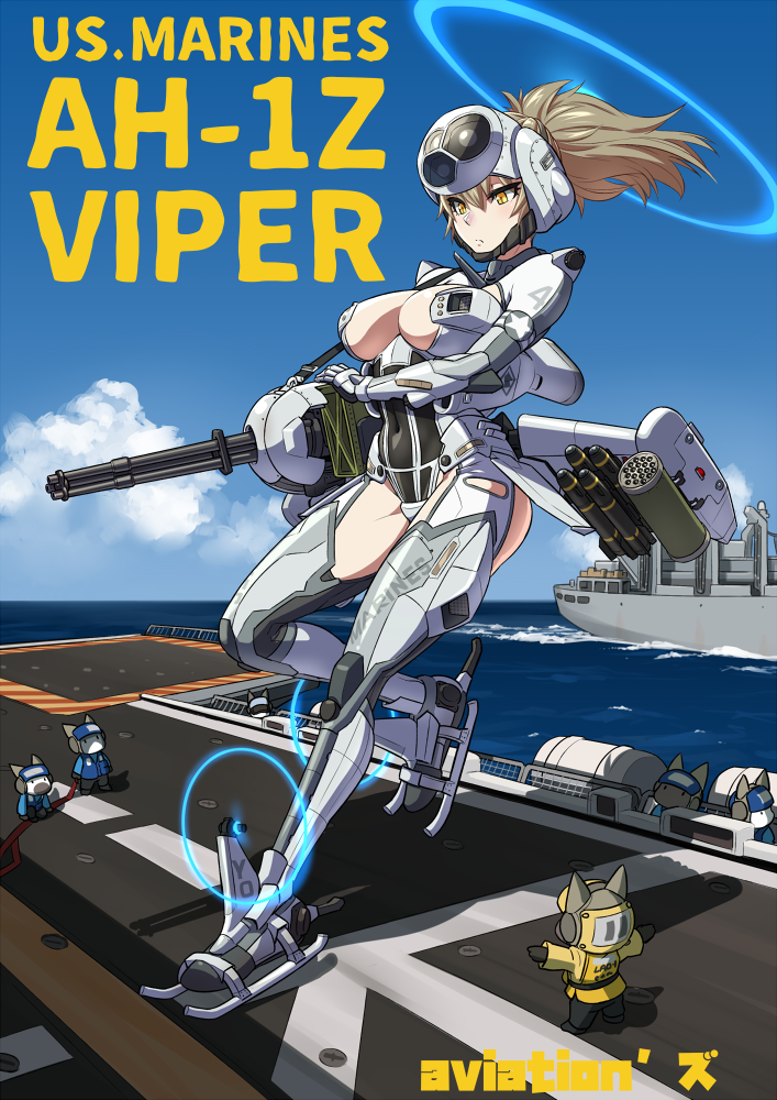 1girl ah-1z_viper bomb breasts brown_hair cat character_name cleavage commentary covered_navel expressionless gatling_gun giantess headgear large_breasts leotard long_hair marine_corps mecha_musume mikoyan minigun missile_pod ocean original personification ponytail ship solo_focus us_navy watercraft yellow_eyes