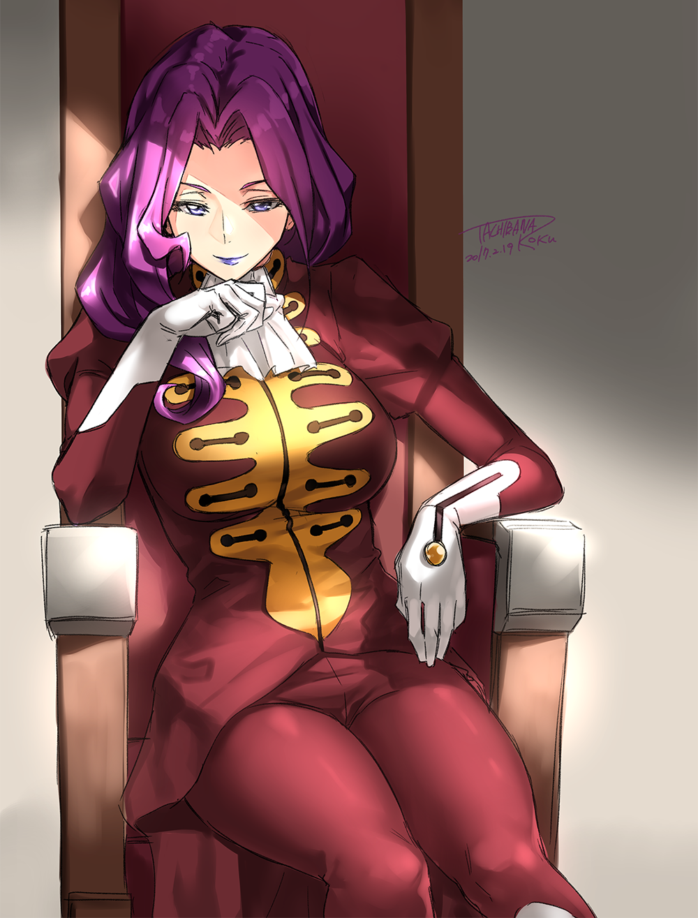 1girl artist_name code_geass commentary_request cornelia_li_britannia dated gloves highres juliet_sleeves lipstick long_sleeves makeup pants puffy_sleeves purple_hair purple_lipstick red_pants red_shirt shade shirt signature sitting solo tachibana_roku throne violet_eyes white_gloves white_neckwear